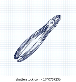 Hand-drawn sketch of dental forceps on a white background. Dental instruments. Dentistry tools and equipment. Stomatology attributes	