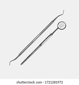 Hand-drawn sketch of Dental scaler and Dental Mirror on a white background. Dental instruments. Dentistry tools and equipment. Stomatology attributes