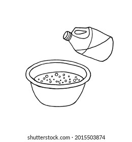 A hand-drawn sketch depicting the addition of detergent to the basin. Hand washing of clothes.  The eps10 vector.
