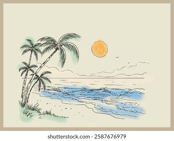 Hand-drawn sketch depicting a tranquil beach scene. It features palm trees swaying gently in the breeze, soft waves rolling onto the shore, and a bright sun shining overhead. 