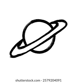 A hand-drawn sketch depicts a planet with prominent rings orbiting it, suggesting a celestial body in space.