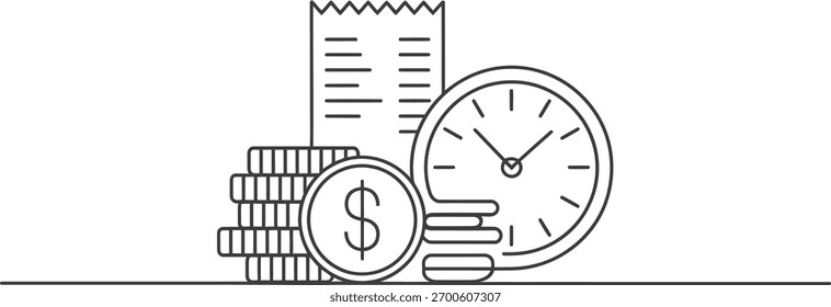 A hand-drawn sketch depicts a stack of coins, a receipt, and a clock, symbolizing financial management and time.