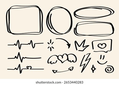 Conjunto de elementos de desenho à mão desenhado. Fazer rabiscos de balões, setas, corações e quadros para anotações, registros, infográficos e planejadores.