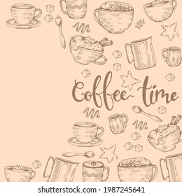 Hand-drawn sketch different coffee cooking and drinks, vector illustration.