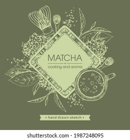 Esbozo dibujado a mano de diferentes herramientas matcha y cocina, ilustración vectorial.