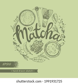 Hand-drawn sketch different matcha tools and drinks, vector illustration.