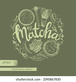 Esbozo hecho a mano de diferentes herramientas matcha y bebidas, ilustración vectorial.