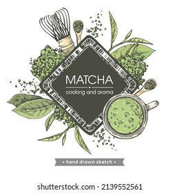 Hand-drawn sketch different matcha tools and cooking, vector illustration.