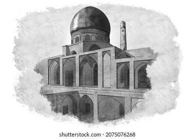 Hand-drawn sketch (digital pencil and brush) of a mosque in Persian style. Islamic architecture in vector 