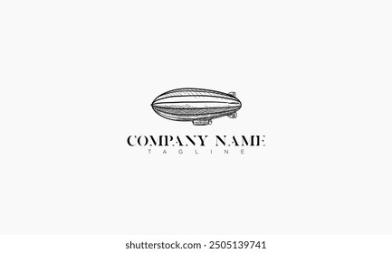 A hand-drawn sketch of a dirigible airship, rendered in black lines on a white background, with text beneath reading "Company Name Tagline."