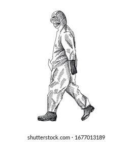 Hand-drawn sketch of the  Disinfection worker wearing protective clothing and gear. Disinfection suit and mask. Protective measures against coronavirus/COVID-19