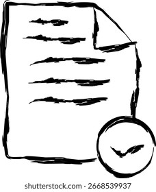 Handgezeichnete Skizze eines Dokuments mit Textzeilen und einem runden Prüfstempel, der die Genehmigung, Validierung oder Zertifizierung symbolisiert.