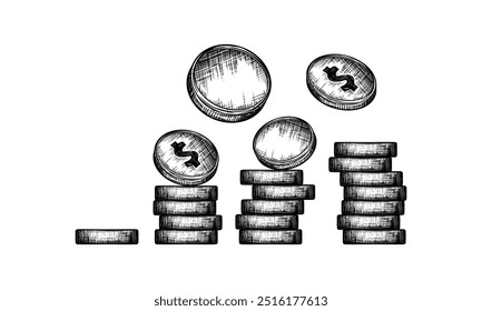 Um esboço desenhado à mão de moedas de dólar empilhadas em um padrão de gráfico de barras, representando crescimento financeiro e prosperidade.