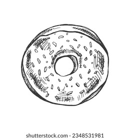 A hand-drawn sketch of donut. Vintage illustration.  Pastry sweets, dessert. Element for the design of labels, packaging and postcards.