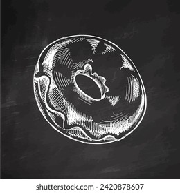 A hand-drawn sketch of donut. Vintage illustration on chalkboard background. Pastry sweets, dessert. Element for the design of labels, packaging and postcards.