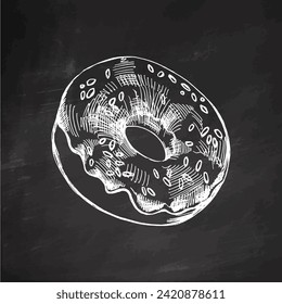 A hand-drawn sketch of donut. Vintage illustration on chalkboard background. Pastry sweets, dessert. Element for the design of labels, packaging and postcards.