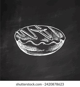 A hand-drawn sketch of donut. Vintage illustration on chalkboard background. Pastry sweets, dessert. Element for the design of labels, packaging and postcards.