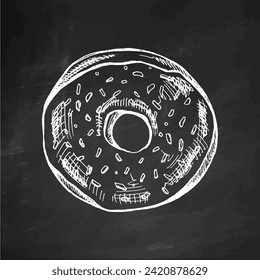 A hand-drawn sketch of donut. Vintage illustration on chalkboard background.  Pastry sweets, dessert. Element for the design of labels, packaging and postcards.
