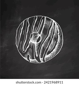 A hand-drawn sketch of donut. Vintage illustration on chalkboard background. Pastry sweets, dessert. Element for the design of labels, packaging and postcards.