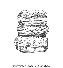A hand-drawn sketch of donuts. Vintage illustration. Pastry sweets, dessert. Element for the design of labels, packaging and postcards.