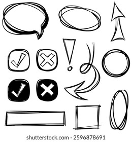Hand-Drawn Sketch Doodle Elements Set – Arrows, Speech Bubble, Checkmarks, and Frames