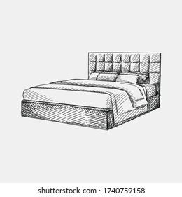 Hand-drawn sketch of double bed with leather fabric headboard. Bed with coverlid and pillows. Bedroom furniture. Cozy and decorative bedding style. Blanket hanging over the bed