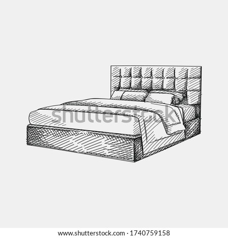 Hand-drawn sketch of double bed with leather fabric headboard. Bed with coverlid and pillows. Bedroom furniture. Cozy and decorative bedding style. Blanket hanging over the bed