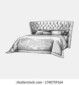 Hand-drawn sketch of double bed with simple headboard. Bed with coverlid and pillows. Bedroom furniture. Cozy and decorative bedding style. Blanket hanging over the bed