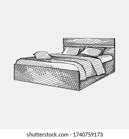 Hand-drawn sketch of double platform bed with simple headboard. Bed with blanket and pillows. Bedroom furniture. Cozy and decorative bedding style. 