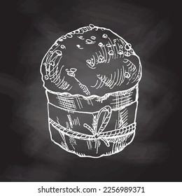 A hand-drawn sketch of sketch of the easter cake. Easter Holiday. Vector illustration. Rabbit with a bow in grass and flowers. Chalkboard background, white drawing.  Vintage element.