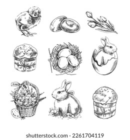 A hand-drawn sketch  Easter Holiday set. Easter bunny, Easter cakes, tulips, chicken, quail eggs, basket with easter eggs, nest with eggs. Vector illustration. Black and white vintage drawing. 