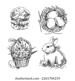 A hand-drawn sketch  Easter Holiday set. Easter bunny,  nest with eggs, basket with Easter eggs, Easter cake. Vector illustration. Black and white vintage drawing. 