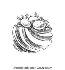 A hand-drawn sketch  of the easter meringue. Easter Holiday. Vector illustration. Rabbit with a bow in grass and flowers. Drawing isolated on white background. Vintage element.
