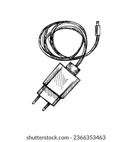 Esbozo hecho a mano de enchufe eléctrico, cargador micro usb para el cierre de smartphone con un cable. Doodle. Ilustración vectorial dibujada a mano.	