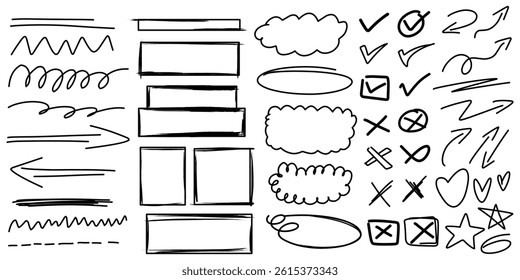 Hand-drawn sketch elements collection of checkmark, crossmark, rectangle, bubble, arrow, highlight, circular, arrows, stars, love and swirl.