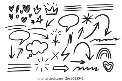 Hand-drawn sketch elements: hearts, arrows, speech bubbles, stars, crown
