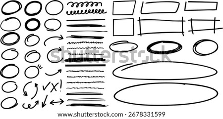 Hand-drawn sketch elements including circles, arrows, lines, and frames. Ideal for highlighting text or annotations in presentations and design projects