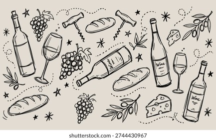 Hand-drawn sketch elements of wine cheese bread grapes corkscrews and bottles scattered on a neutral background