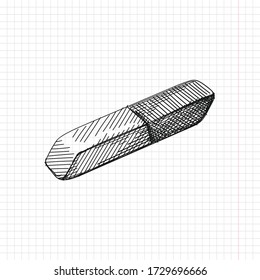 Hand-drawn sketch of eraser or rubber on a white background. Stationery Supplies for School and Office. Rubber eraser for pencil and ink pen	
