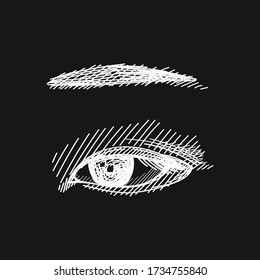 Hand-drawn sketch of eye and eyebrow. Eye and eyebrow make traditional japanese style. Japanese women appearance attributes. Japan culture. Traditional accessories, clothing and makeup in Japan.	
