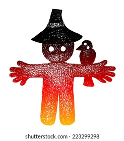 Hand-drawn sketch of a farm scarecrow with raven in vector illustration. 