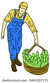 hand-drawn sketch of a farmer harvesting colorful crops on a white background
