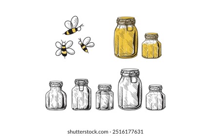 Um esboço desenhado à mão apresentando vários potes de mel de tamanhos variados com abelhas voando ao redor.