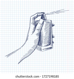 Hand-drawn sketch of female hand on a white background holding a parfume bottle and spraying it in the air.