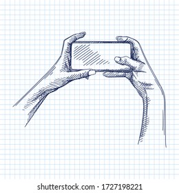 Hand-drawn sketch of female hands on a white background holding a smartphone and taking a selfie or simply making a picture.