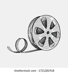 Hand-drawn sketch of film tape on a white background. Going to the cinema. Watching a movie. 