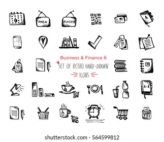 Hand-drawn sketch finance web icon set - economy, money, finance, payments. Vector illustrations Black on white background