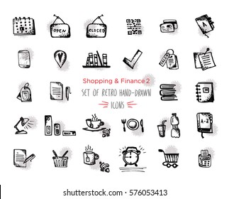 Hand-drawn sketch finance web icon set - economy, money, finance, payments. With emphasis in round spots form. Vector illustrations Isolated black on white background
