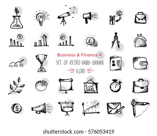 Hand-drawn sketch finance web icon set - economy, money, finance, payments. With emphasis in round spots form. Vector illustrations Isolated black on white background