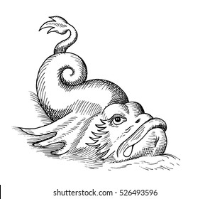 Hand-drawn sketch of fish monster isolated on white